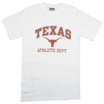 Texas T-shirt - Texas Arched Over Longhorns Logo Athletic Dept. - By Champion - White