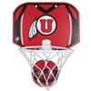 Miniature basketball and hoop set by Baden. Has team logo on ball and backboard of hoop. Made to mount on doors or walls.