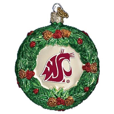 Washington State Cougars Glass Christmas Ornament - Wreath